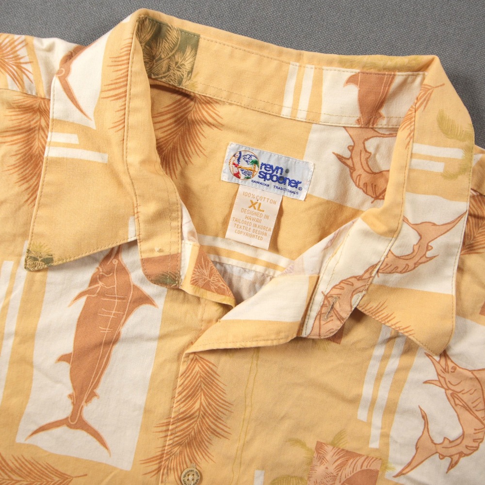 Vintage 90s Reyn Spooner Marlin Fish Palm Men Yellow Fishing Shirt XL Hawaiian